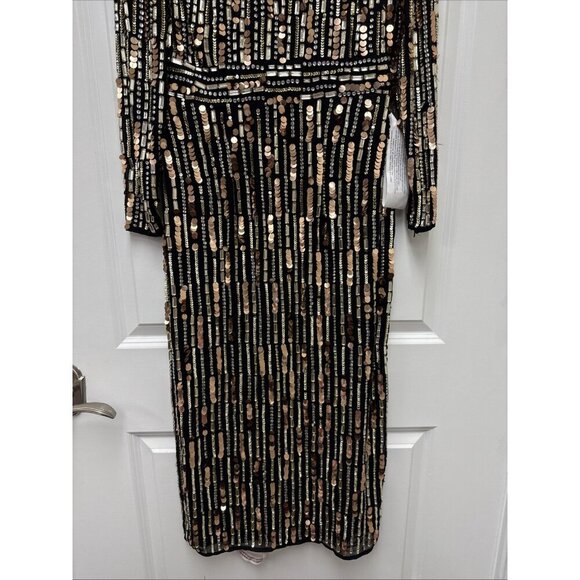 Mac Duggal Size 4 Black Gold 93590 Sequin Beaded Long Sleeve Cocktail Midi Dress - Picture 6 of 9